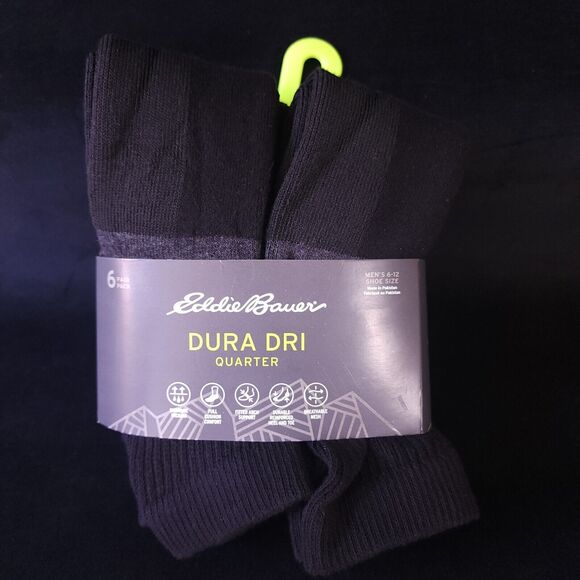 Eddie Bauer 6 Pack Mens Black Dura Dri Quarter Socks NWT Shoe Size 6-12 Cushion - Picture 1 of 5